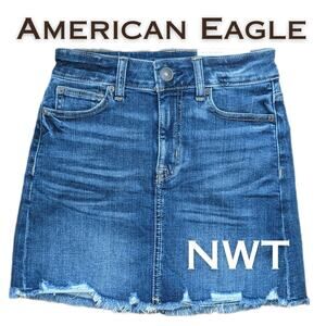 American Eagle Denim Miniskirt 0 Blue Stretch High Rise Raw Edge Distressed NEW
